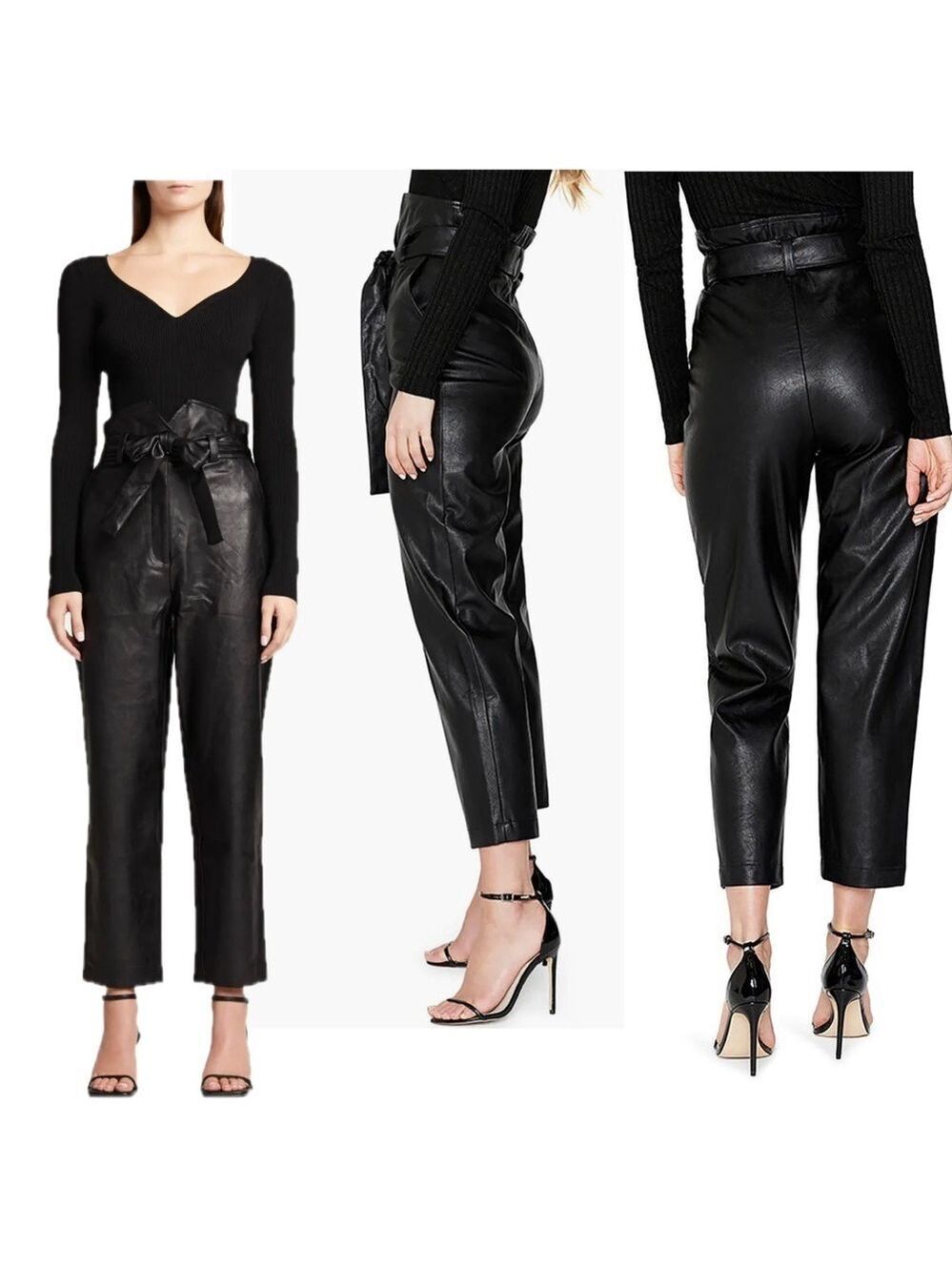 Bardot Black Debbie Textured Faux Leather hi-rise paperbag tapered Pants Sz XXL